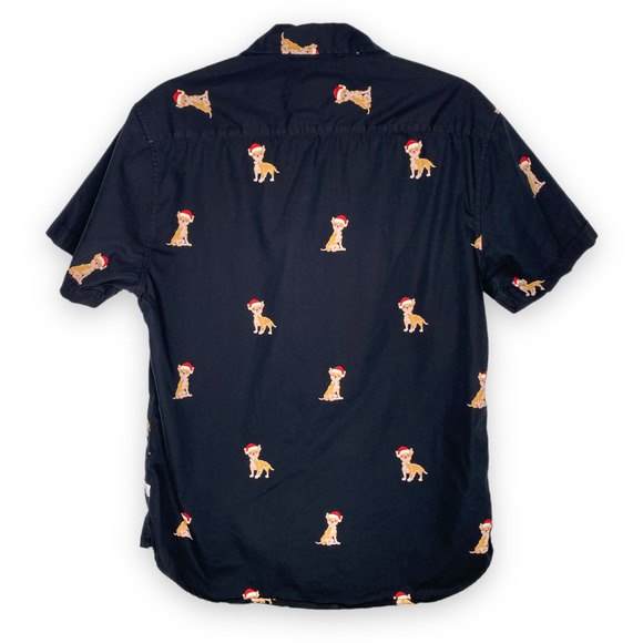 Men’s Denim & Flower Black Christmas Santa Hat Chihuahua Dog Button Up Shirt - Picture 6 of 6